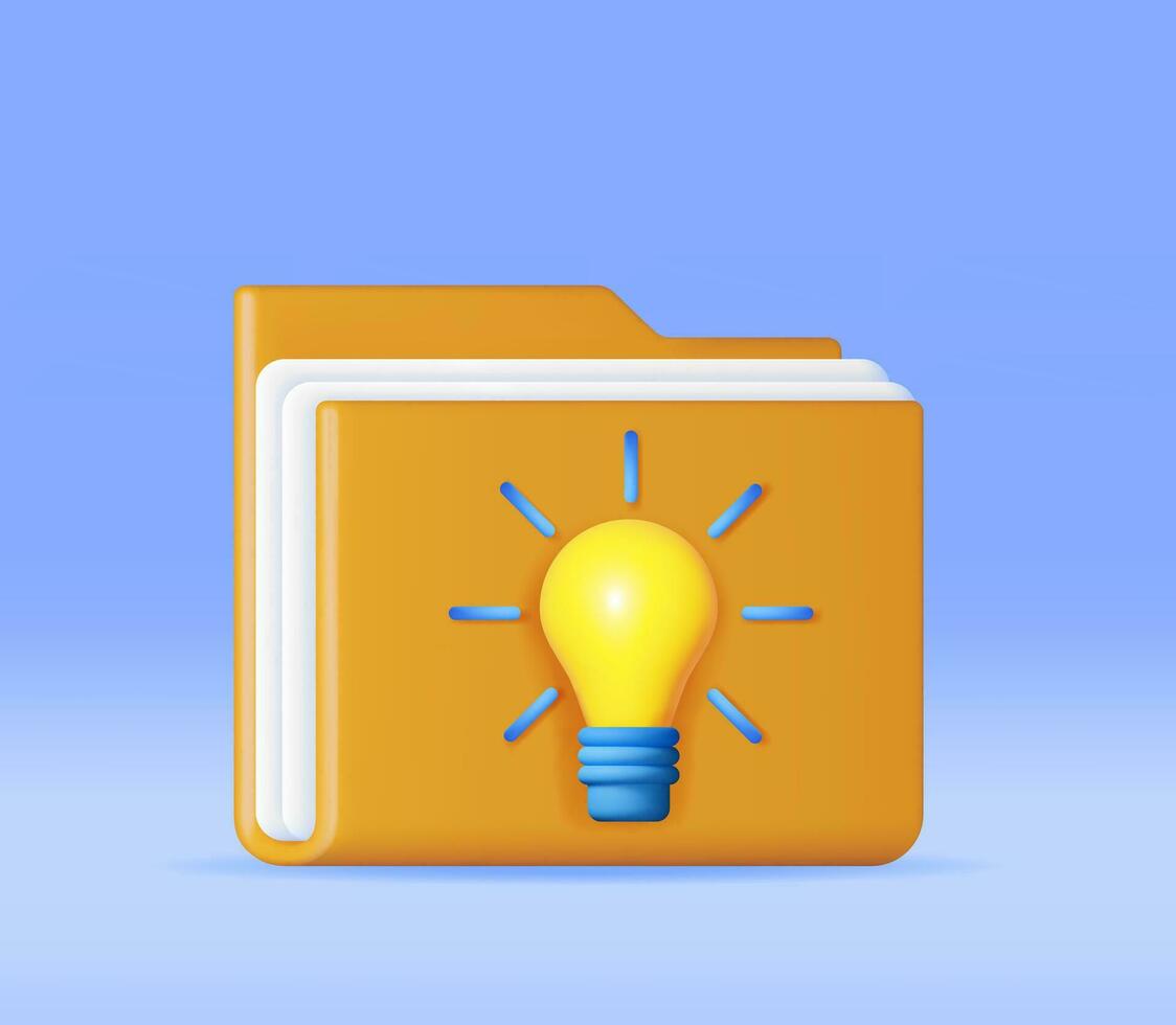 3D Business Folder full of Papers and Idea Bulb Isolated. Render Yellow Folder for Correspondence, File for Paper Documents. Open Folder Icon, Manila Archive Case or Ring Binder. Vector Illustration