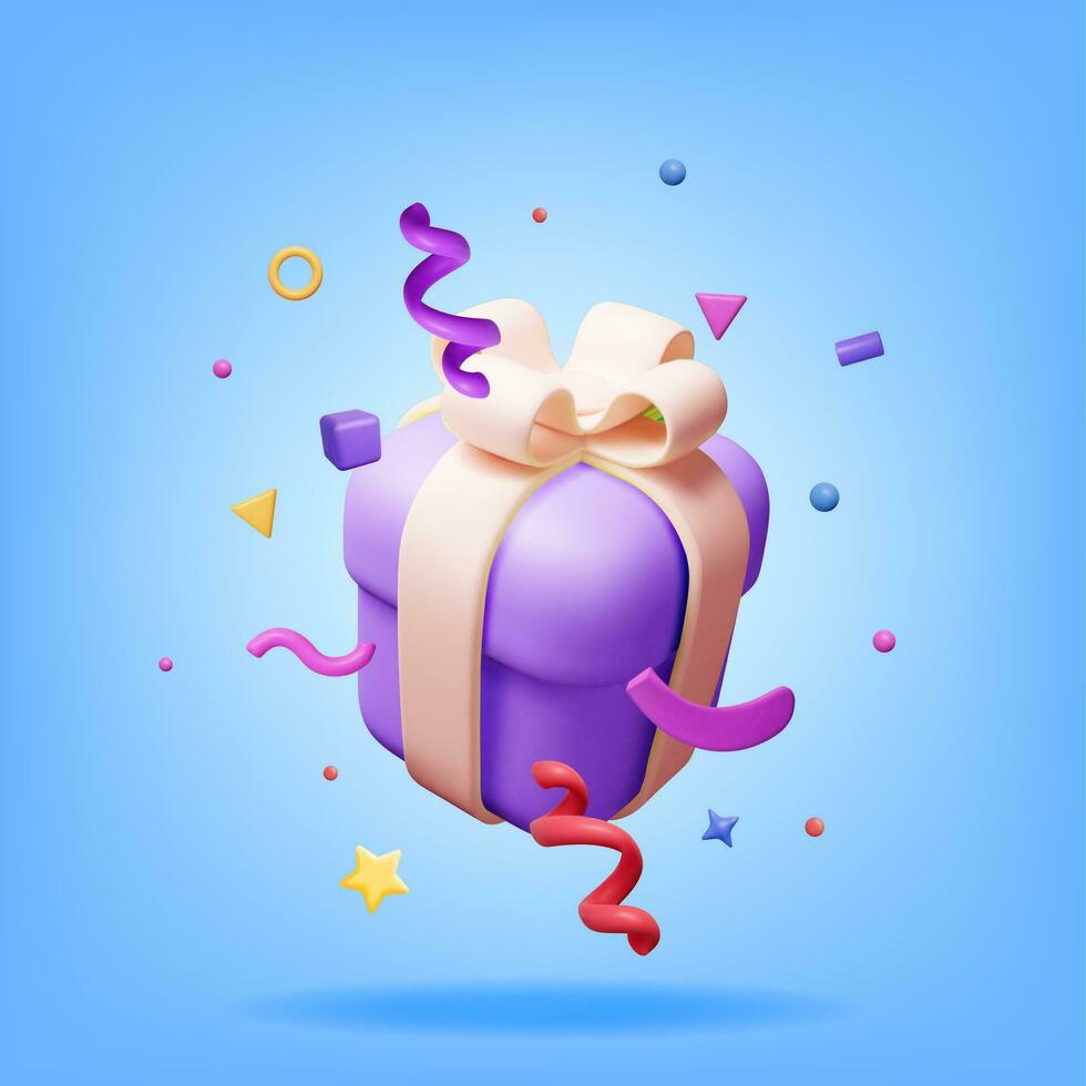 3D Gift Box With Falling Confetti. Render Present Box Surprise. Christmas. New Year Sale, Shopping. Present Box with Bows Ribbons. Giftbox for Valentine, Birthday and Holiday. Vector Illustration