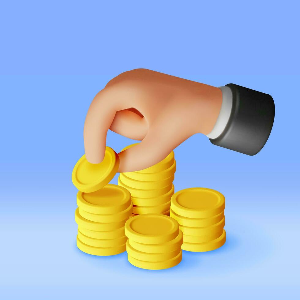 3D Stack of Gold Coins and Hand. Pile of American Dollar Coin in Hand Render. Empty Golden Money Sign. Growth, Income, Savings, Investment. Symbol of Wealth. Business Success. Vector Illustration
