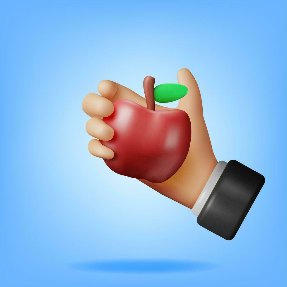 3d rojo manzana Fruta en mano aislado en blanco. hacer manzana Fresco maduro con hoja icono. Fresco Fruta comida símbolo elemento. sano comida concepto. realista vector ilustración