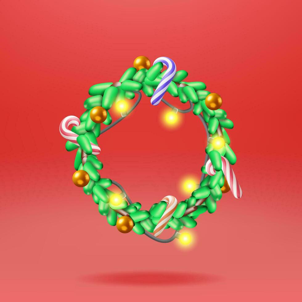 3D Christmas Wreath with Garland, Glass Balls Isolated. Render Evergreen Tree, Fir Branches. Happy New Year Decoration. Merry Christmas Holiday. New Year and Xmas Celebration. Vector Illustration