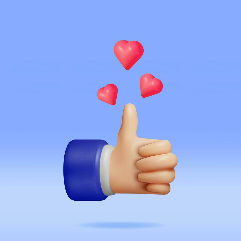 3D Thumbs Up Hand Gesture with Heart Isolated. Render Like Hand Heart Symbol. Customer Rating or Vote. Like or Love Button for Social Media, Mobile App. Cartoon Fingers Gestures. Vector Illustration