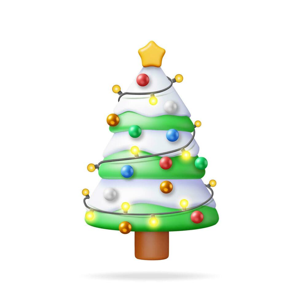 3d Navidad árbol decorado con vistoso pelotas, guirnalda luces, dorado estrella. hacer abeto, hojas perennes árbol. saludo tarjeta, festivo póster, fiesta invitaciones nuevo año. realista vector ilustración