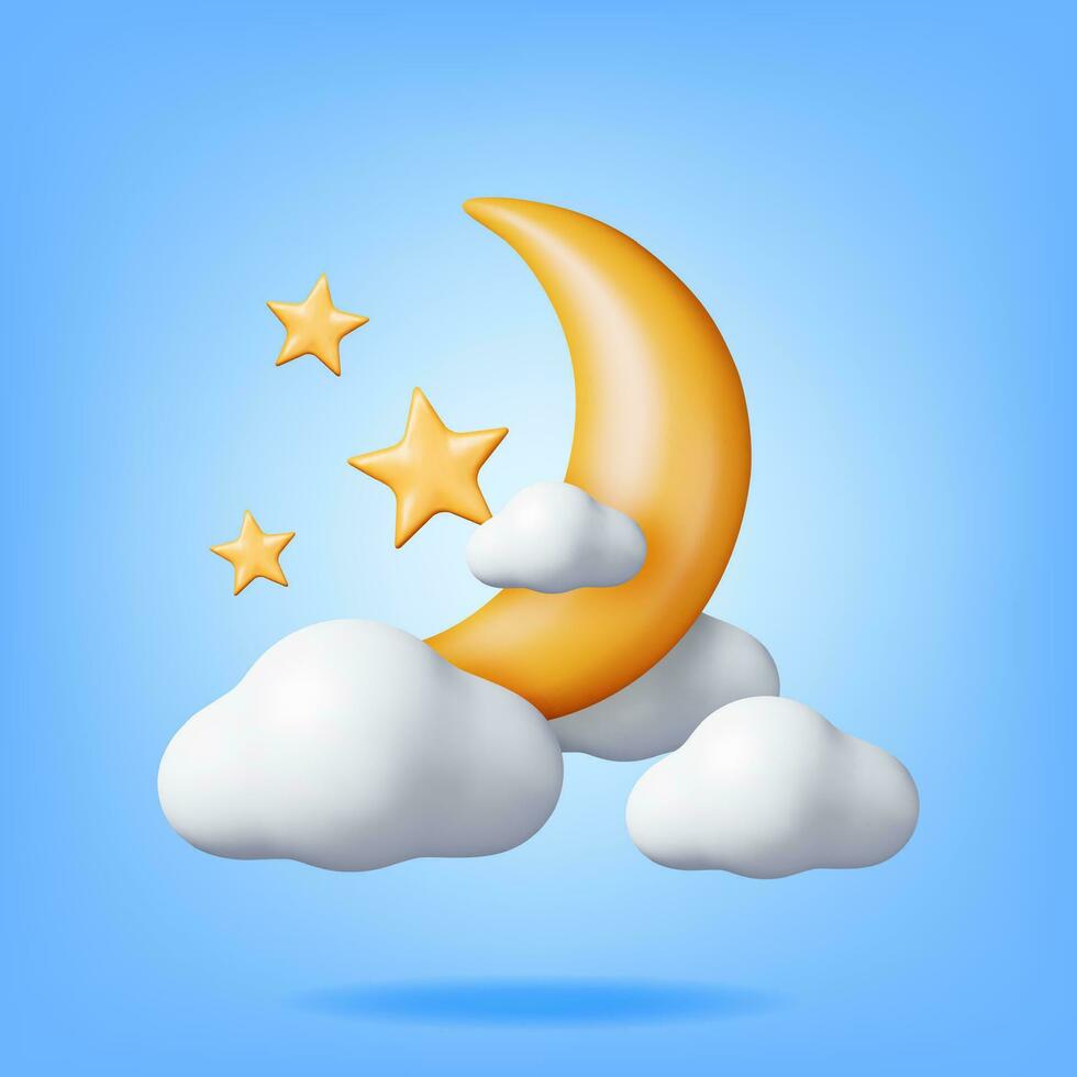 3D Gold Crescent Moon with Stars in Clouds. Render Yellow Moon Balloon and Star. Party Event Decoration. Wedding, Birthday Celebration. Islamic Ramadan, Muslim Anniversary. Cartoon Vector Illustration