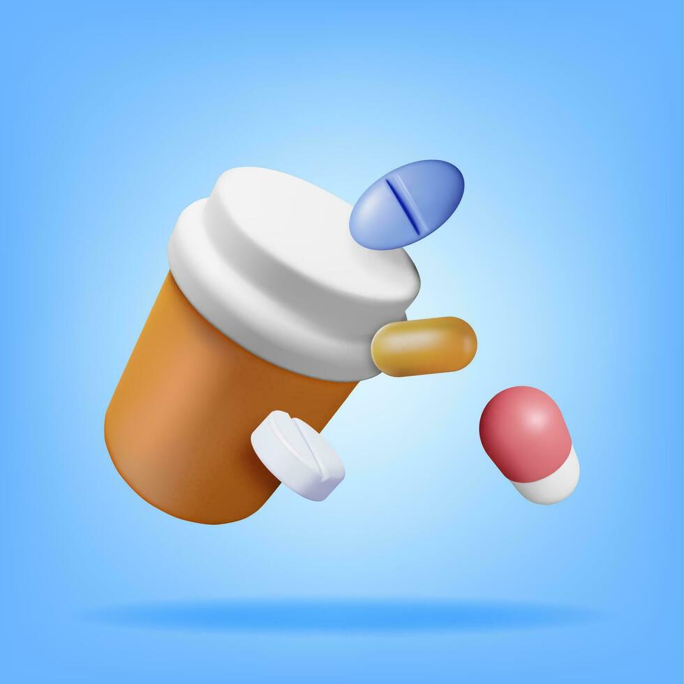 3D Plastic Bottle Full of Pills. Render Medicine Package for Pills, Capsule, Drugs. Box for Illness and Pain Treatment. Medical Drug, Vitamin, Antibiotic. Healthcare Pharmacy. Vector Illustration