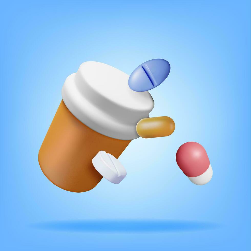 3d el plastico botella lleno de pastillas hacer medicina paquete para pastillas, cápsula, drogas caja para enfermedad y dolor tratamiento. médico droga, vitamina, antibiótico. cuidado de la salud farmacia. vector ilustración