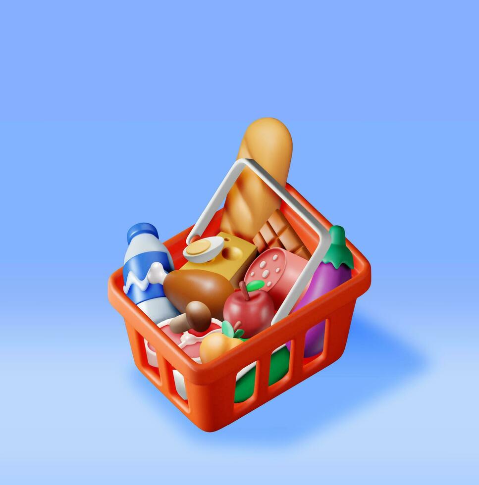 3D Shopping Plastic Basket with Fresh Products. Render Grocery Store, Supermarket. Food and Drinks. Milk, Vegetables, Meat Chicken, Cheese, Sausage, Salad, Bread Chocolate Egg. Vector illustration