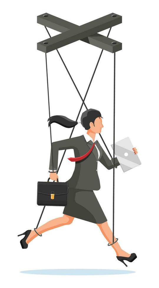 Businesswoman marionette is hanging on ropes. Puppeteer holding business woman on leash. Puppet doll worker, abuse of power, manipulation. Vector illustration in flat style
