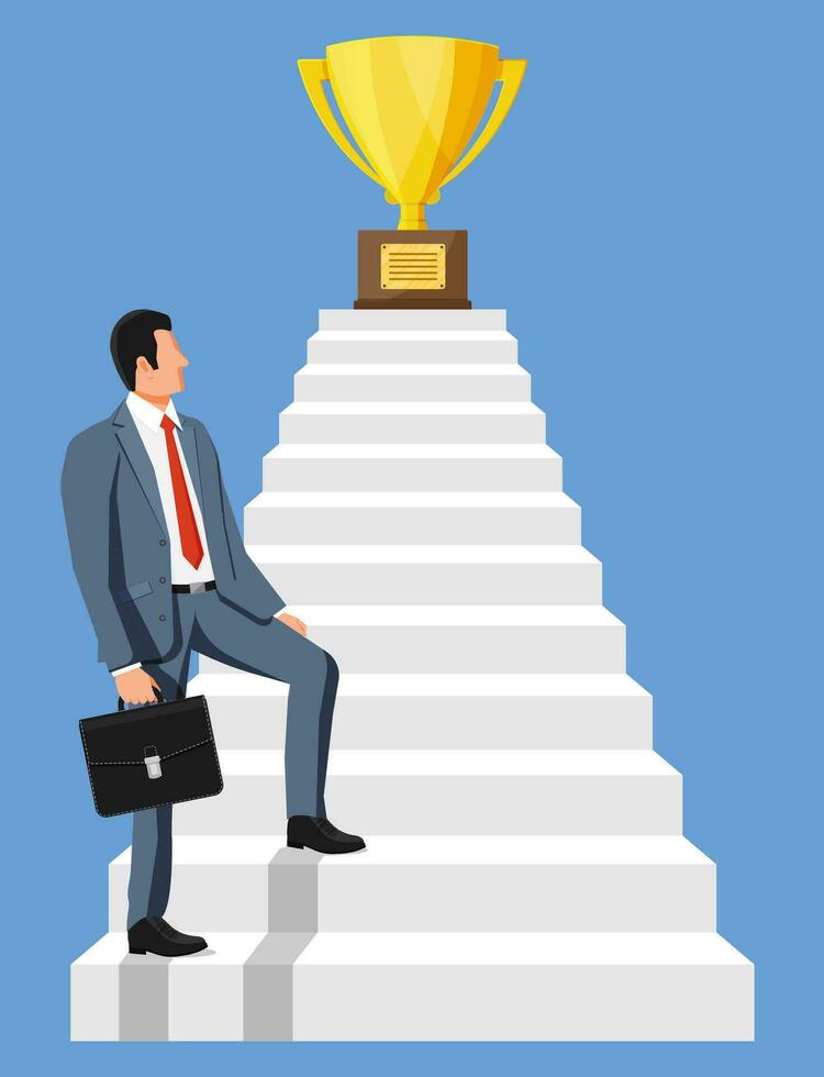 Businessman and gold trophy on ladder of success. Award, victory, goal, champion achievement. Business success, triumph, goal. Growth in career. Winning of competition. Vector illustration flat style