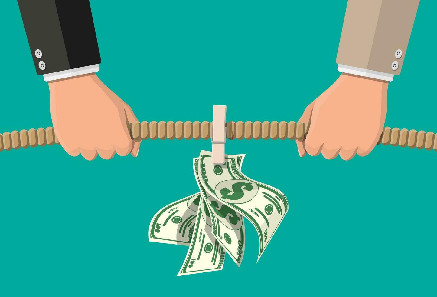 Tug of war. Two businessmen pulling rope against each other for money. Business target, rivalry, competition, conflict. Achievement, goal and success. Vector illustration in flat style