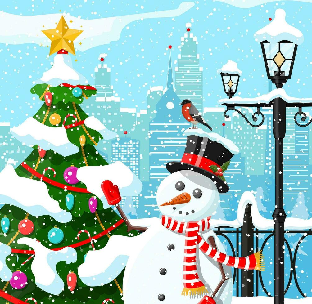 Winter christmas city background. Snowman, pine tree and snow. Urban winter cityscape with fir trees forest park. Happy new year celebration. New year xmas holiday. Vector illustration flat style