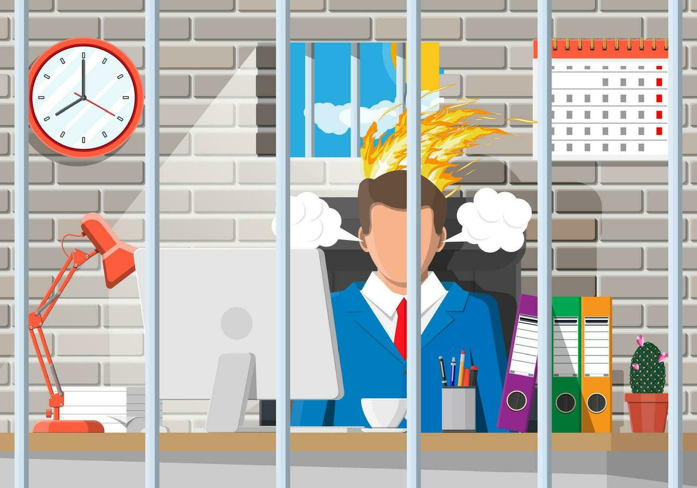 Businessman working on computer in the prison cell. Business man head in fire. Deadline, late with working task. Overworked stressed office worker. Time management. Flat vector illustration