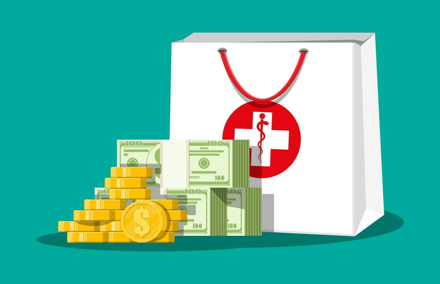 medicina bolso y dinero en dólar billetes de banco, oro monedas cuidado de la salud costos y gastos, gastos en drogas médico seguro. farmacia y salud cuidado. vector ilustración en plano estilo