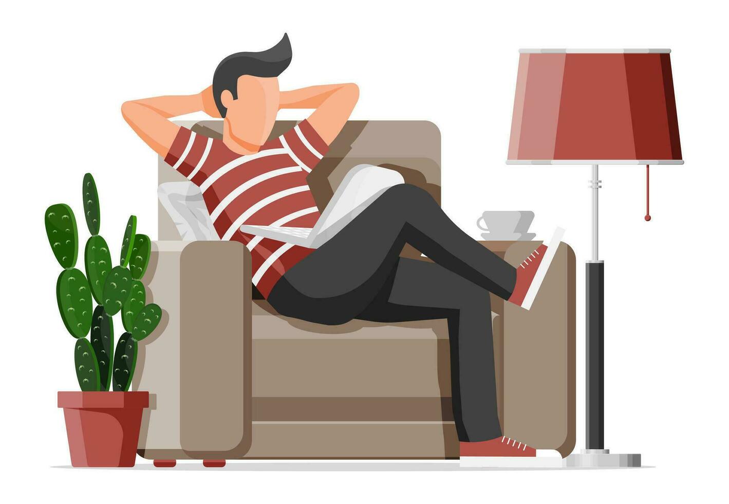 Freelancer guy in armchair works at home. Comfortable workplace interior with plant, floor lamp. Young man in chair with laptop, cup of drink. Remote work online education. Flat vector illustration