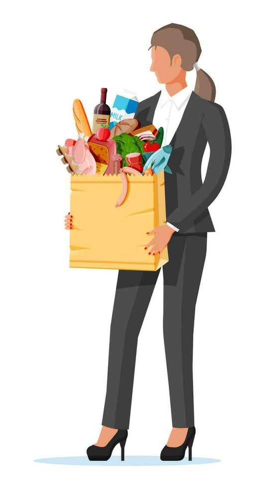 Woman with shopping bag full of fresh products. Grocery store supermarket. Food and drinks. Milk, vegetables, meat, chicken cheese, sausages, salad, bread cereal steak egg. Flat vector illustration