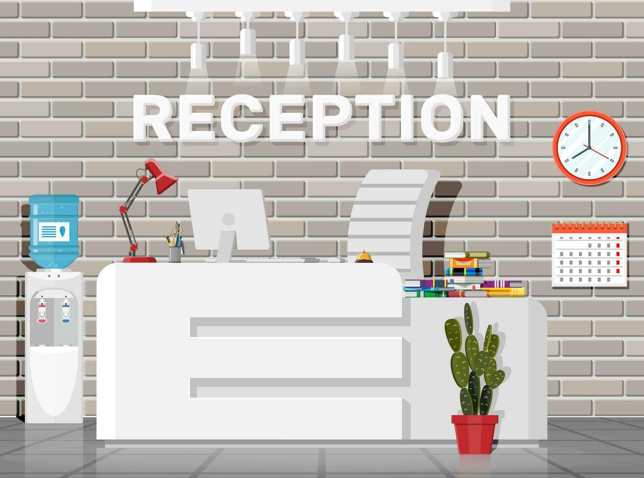 moderno recepción interior. hotel, hospital clínica o negocio oficina recepción escritorio. vestíbulo o esperando habitación adentro. recepcionista lugar de trabajo. computadora, lámpara, reloj, silla, planta. plano vector ilustración