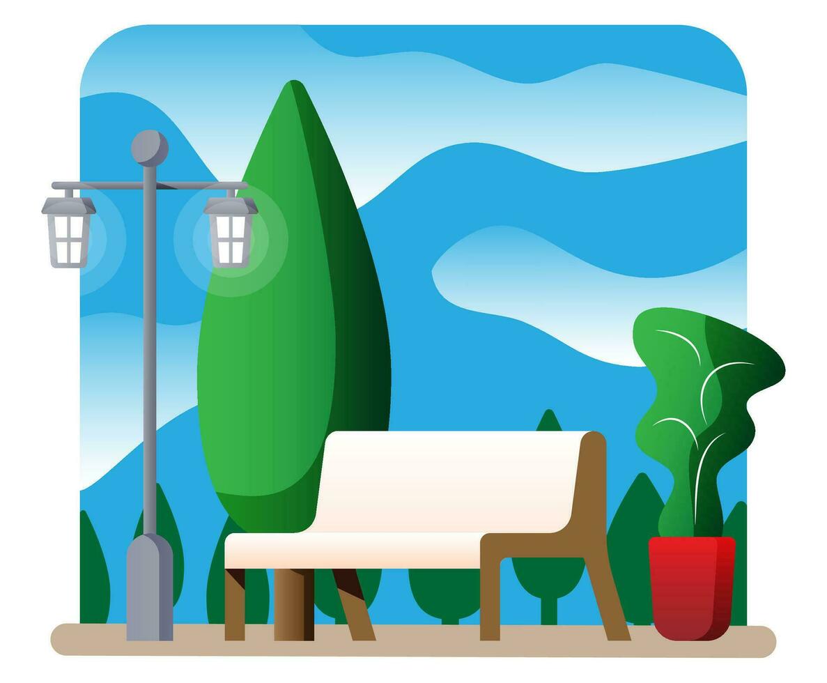 City park concept, wooden bench, street lamp in square and trees. Sky with clouds. Leisure time in summer city park. Relaxation sitting area in minimalist design. Flat style vector