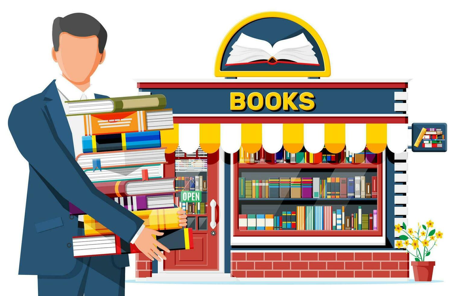 Bookstore shop exterior and man. Books shop brick building. Education or library market. Books in shop window on shelves. Street shop, mall, market, boutique facade. Vector flat style illustration.