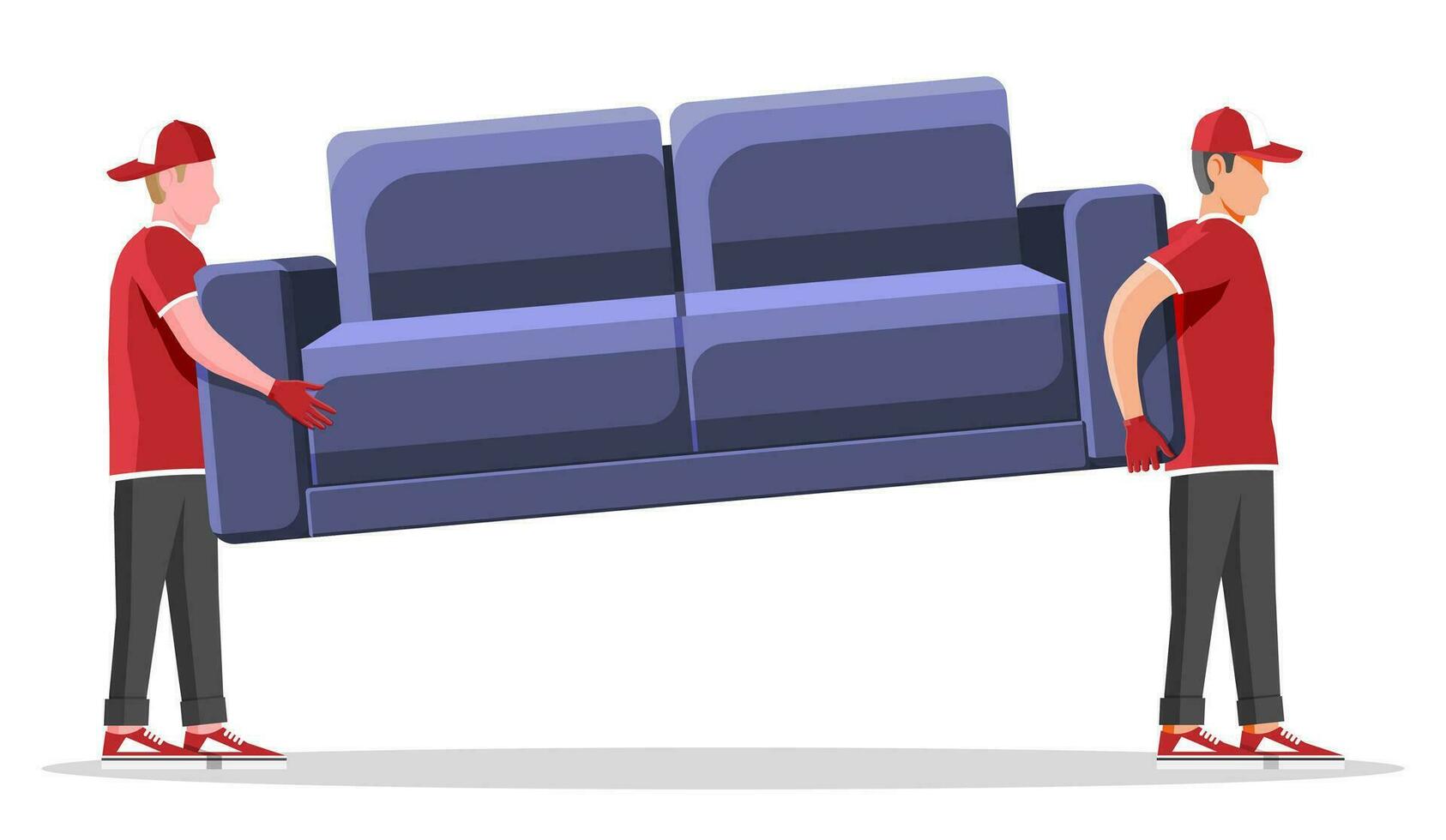 Delivery character man movers carry sofa. Two porters carry couch isolated. Moving company with loaders and furniture. Delivery and relocation service concept. Cartoon flat vector illustration