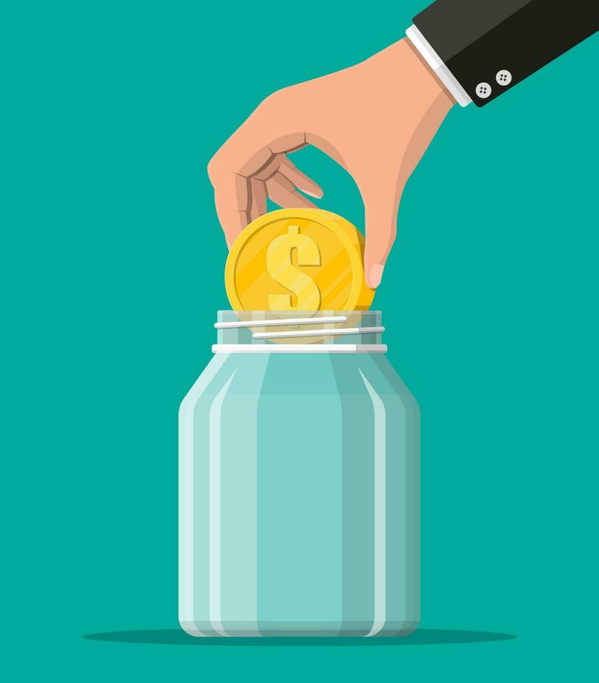 Glass money jar with big gold coin. Saving dollar coin in moneybox. Growth, income, savings, investment. Symbol of wealth. Business success. Flat style vector illustration.