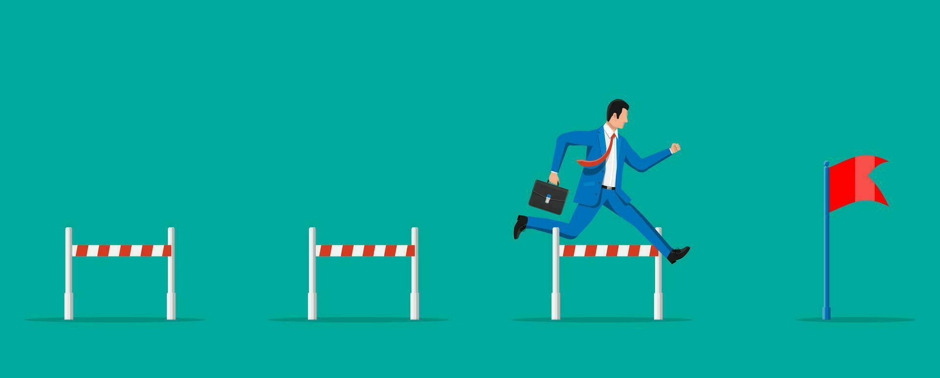 Businessman with briefcase runs on obstacle course. Business man jumping over the barrier. Financial crisis. Risk management challenge. Achievement and goal. Flat vector illustration