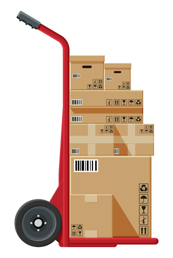 Barrow full of boxes isolated on white. Metallic wheeled trolley with cardboard box. Delivery service and logistics. Hand truck dolly icon. Transportation warehouse. Cartoon flat vector illustration