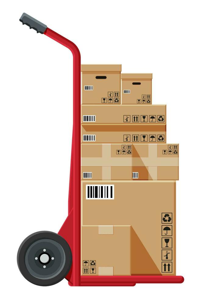 carretilla lleno de cajas aislado en blanco. metálico con ruedas carretilla con cartulina caja. entrega Servicio y logística. mano camión muñequita icono. transporte depósito. dibujos animados plano vector ilustración