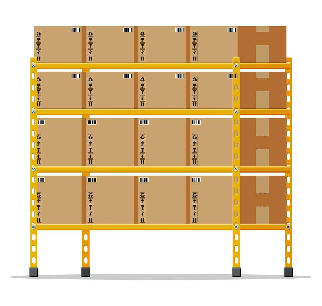 Metallic shelves with carton brown boxes. Goods and container package. Pile cardboard boxes set. Delivery packaging closed box with fragile signs. Vector illustration in flat style
