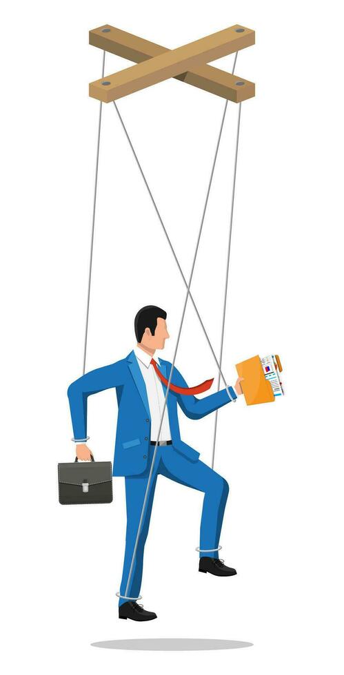 Businessman marionette is hanging on ropes. Hand of puppeteer holding business man on leash. Puppet doll worker, abuse of power, manipulation. Vector illustration in flat style