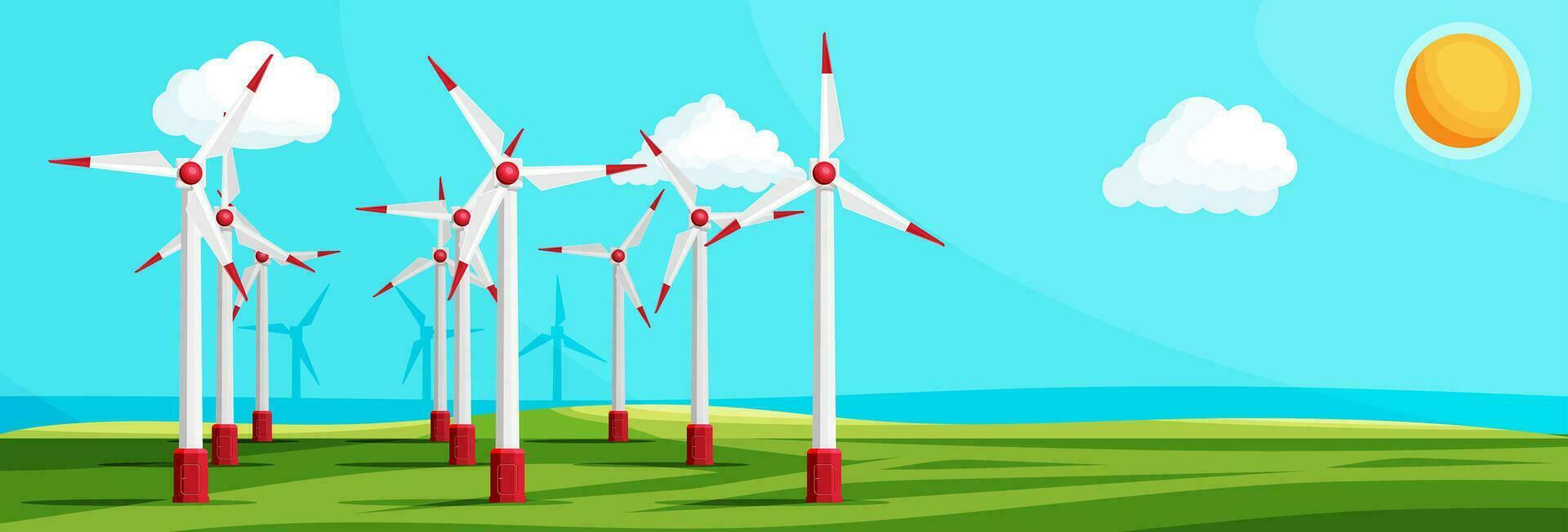 Wind Farm In Green Fields Among Trees. Nature Landscape With Modern