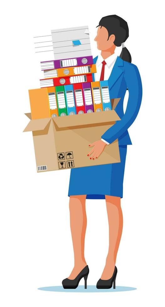 Stressed businesswoman holds pile of office documents. Overworked business woman with stacks of papers. Stress at work. Bureaucracy, paperwork, big data. Vector illustration in flat style