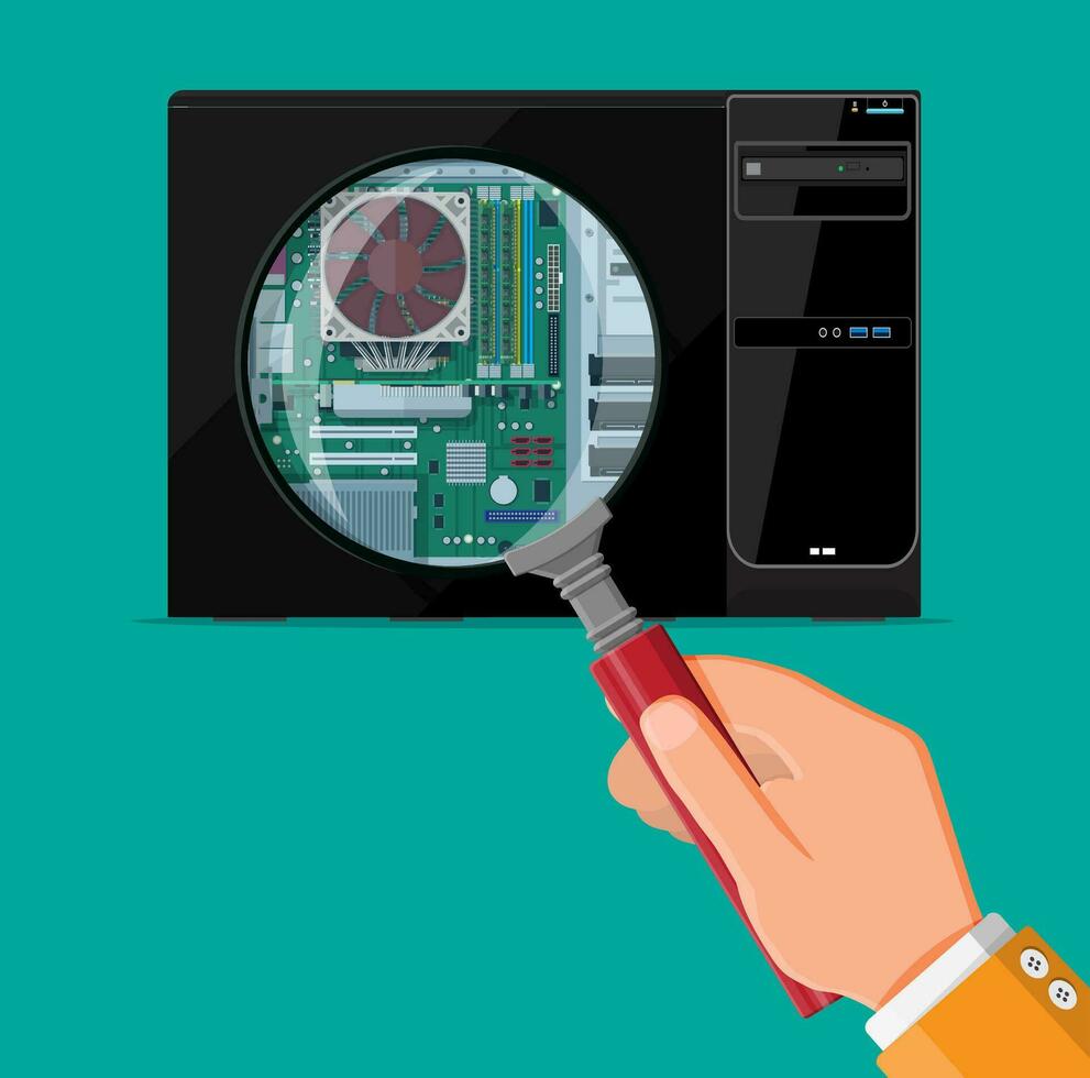 PC hardware concept. Hand magnifying glass, motherboard, hard drive, cpu, fan, graphic card, memory. Assembling PC repair and service. Personal computer hardware. Vector illustration in flat style