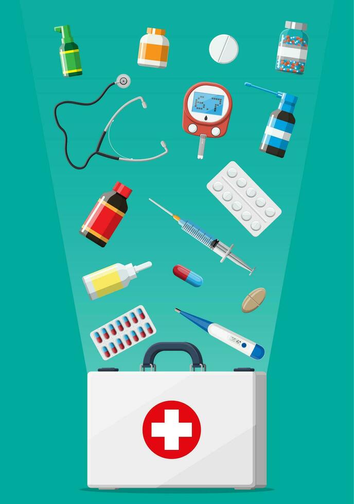 Medical first aid kit with different pills and medical devices. Medical tools, drugs, stethoscope, syringe, glucometer, thermometer. Healthcare diagnostics. Urgency emergency. Flat vector illustration