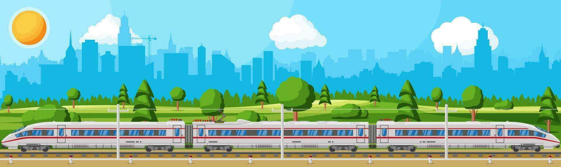 alto velocidad tren y verano paisaje con paisaje urbano súper simplificado tren. pasajero Rápido ferrocarril locomotora. ferrocarril público transporte. rápido transporte concepto. plano vector ilustración