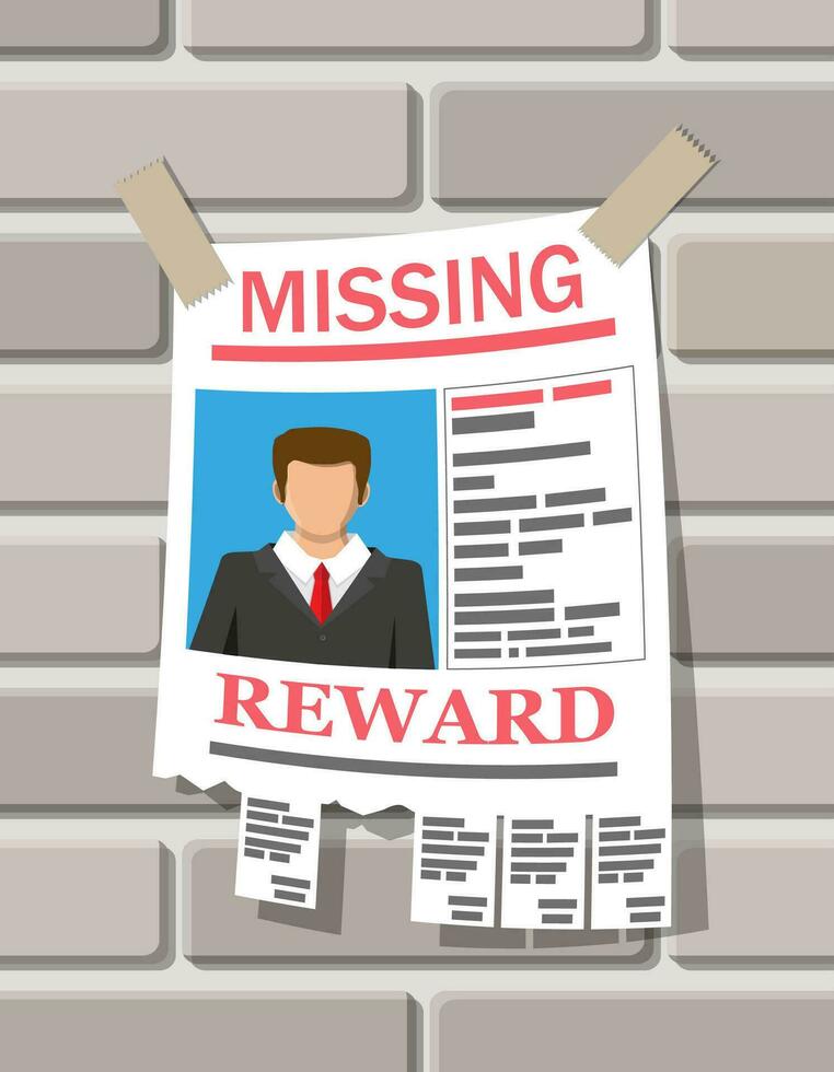 Wanted person paper poster. Missing announce. Information tear off papers. Search for lost person in big city. Vector illustration in flat style