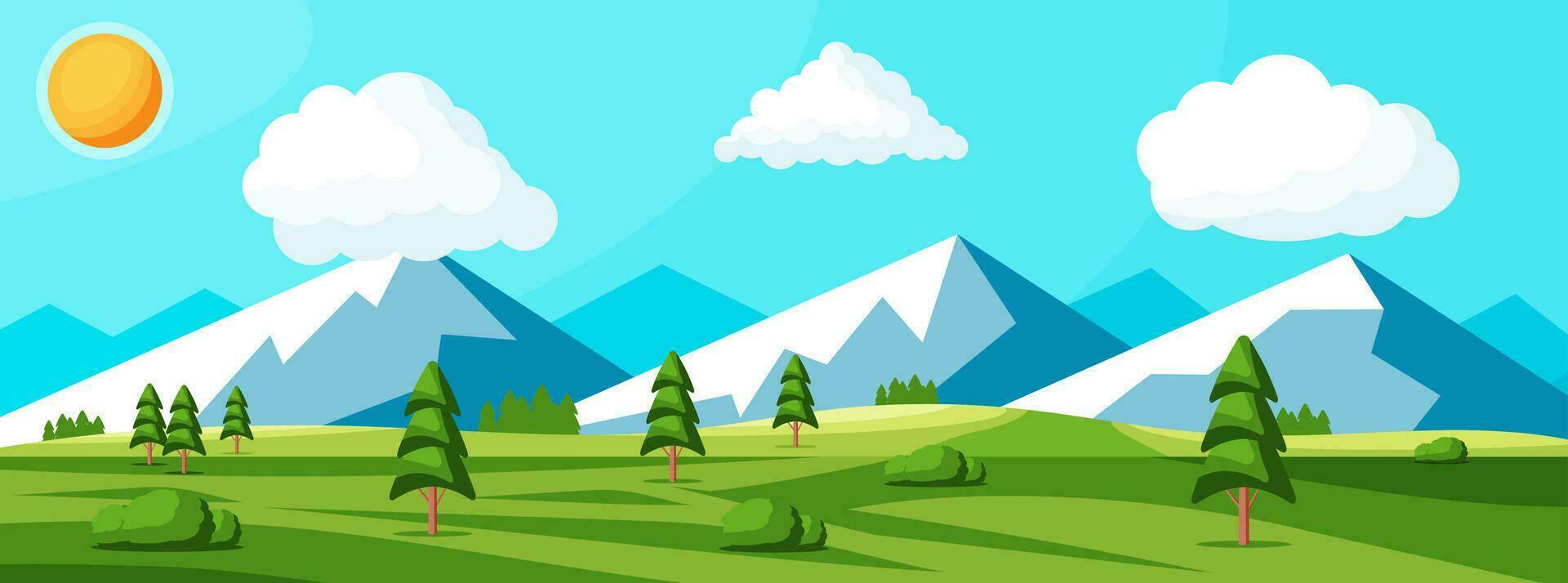 Landscape Of Mountains And Green Hills. Summer Nature Landscape With Rocks, Forest, Grass, Sun, Sky and Clouds. National Park or Nature Reserve. Vector Illustration In Flat Style