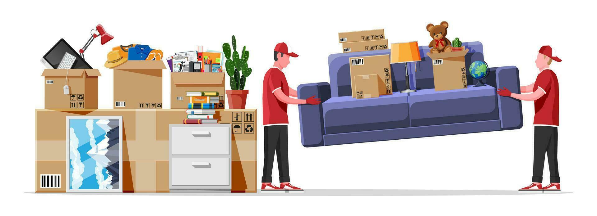 Moviente a nuevo casa. familia reubicado a nuevo hogar. papel cartulina cajas con varios casa cosa. paquete para transporte. computadora, lámpara, ropa, libros. vector ilustración en plano estilo