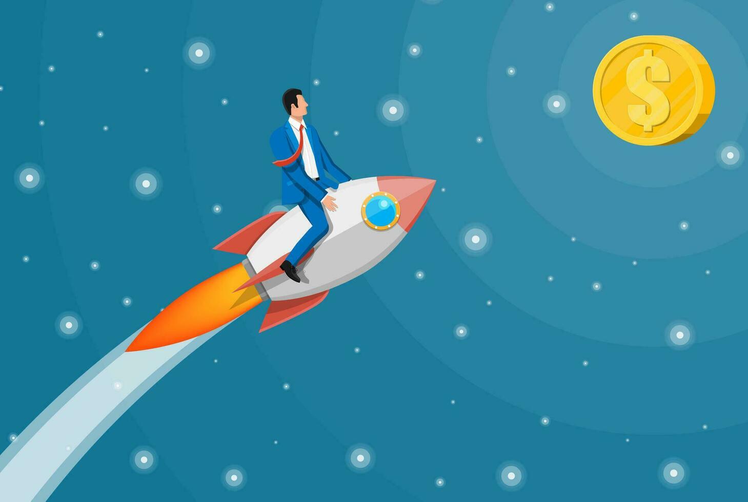 Successful business man flying on rocket on graph going up to target. Businessman on flying space ship. New business or startup. Idea, growing, success, start up strategy. Flat vector illustration