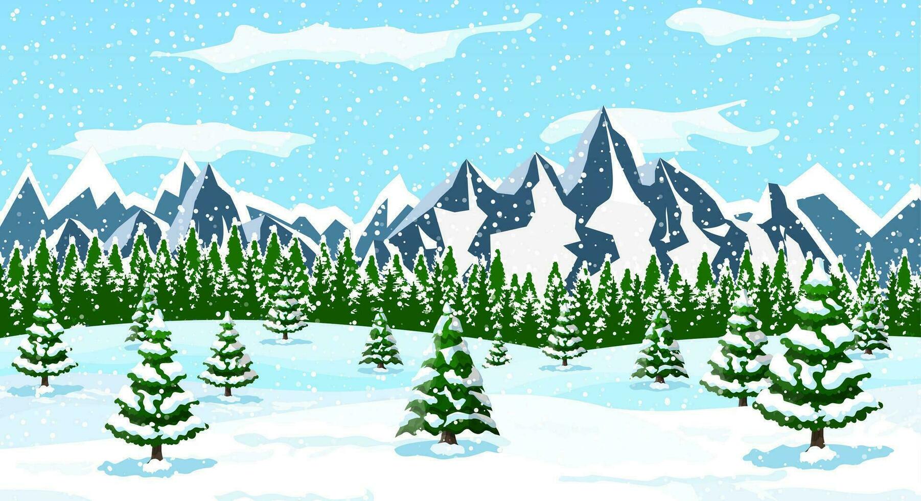 Winter christmas background. Pine tree wood and snow. Winter landscape with fir trees forest, mountain and snowing. Happy new year celebration. New year xmas holiday. Vector illustration flat style