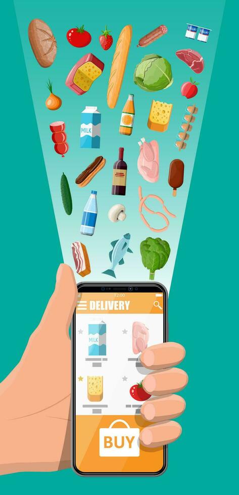 hand with smartphone with shopping app. Grocery store delivery. Internet order. Online supermaket. Shopping mall, food and drinks. Milk, vegetables, meat, cheese. Flat vector illustration