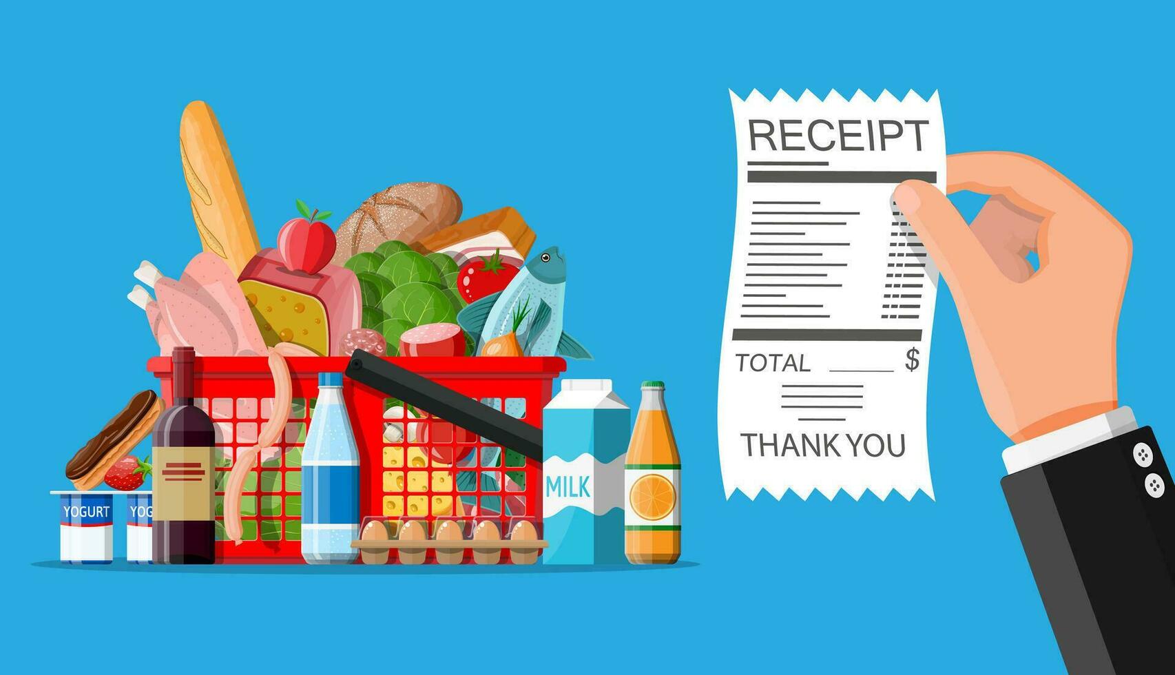Shopping basket with fresh products and hand with receipt. Grocery store, supermarket. Food and drinks. Milk, vegetables, meat, chicken cheese, sausages, salad, bread egg. Flat vector illustration