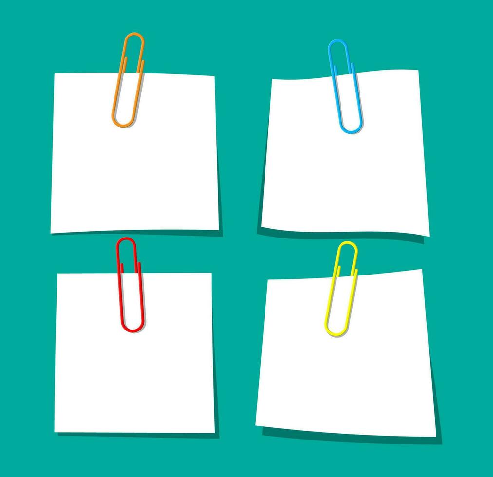 Empty paper sheet hanging with paper clip. Clerical clothespin. Education and work. Stationery and office supply. Memo or notes papers. White sheet papers for text. Vector illustration in flat style