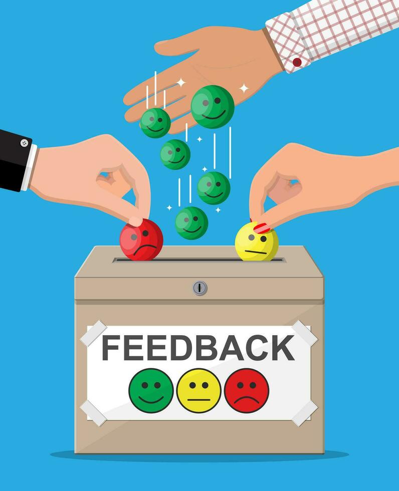 Rating box. Reviews smiles faces. Testimonials, rating, feedback, survey, quality and review. Vector illustration in flat style