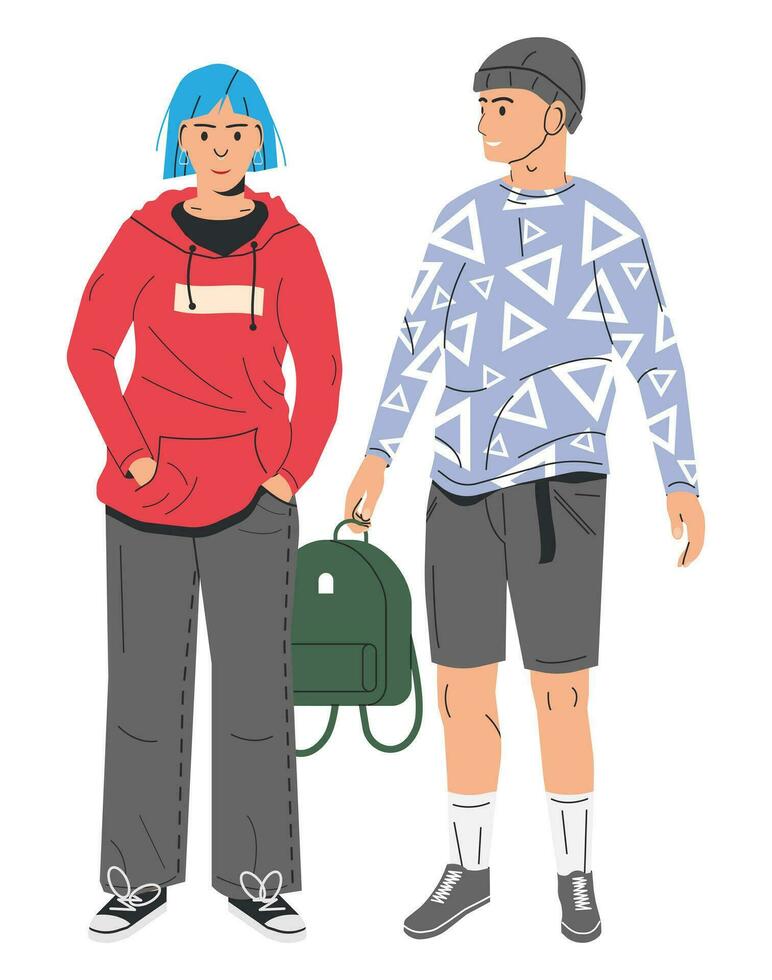 mujer en capucha y hombre en pantalones cortos aislado. Moda niña con azul pelos de moda hombre en casual ropa con mochila. de moda estilo de vida. elegante Pareja icono. plano vector ilustración