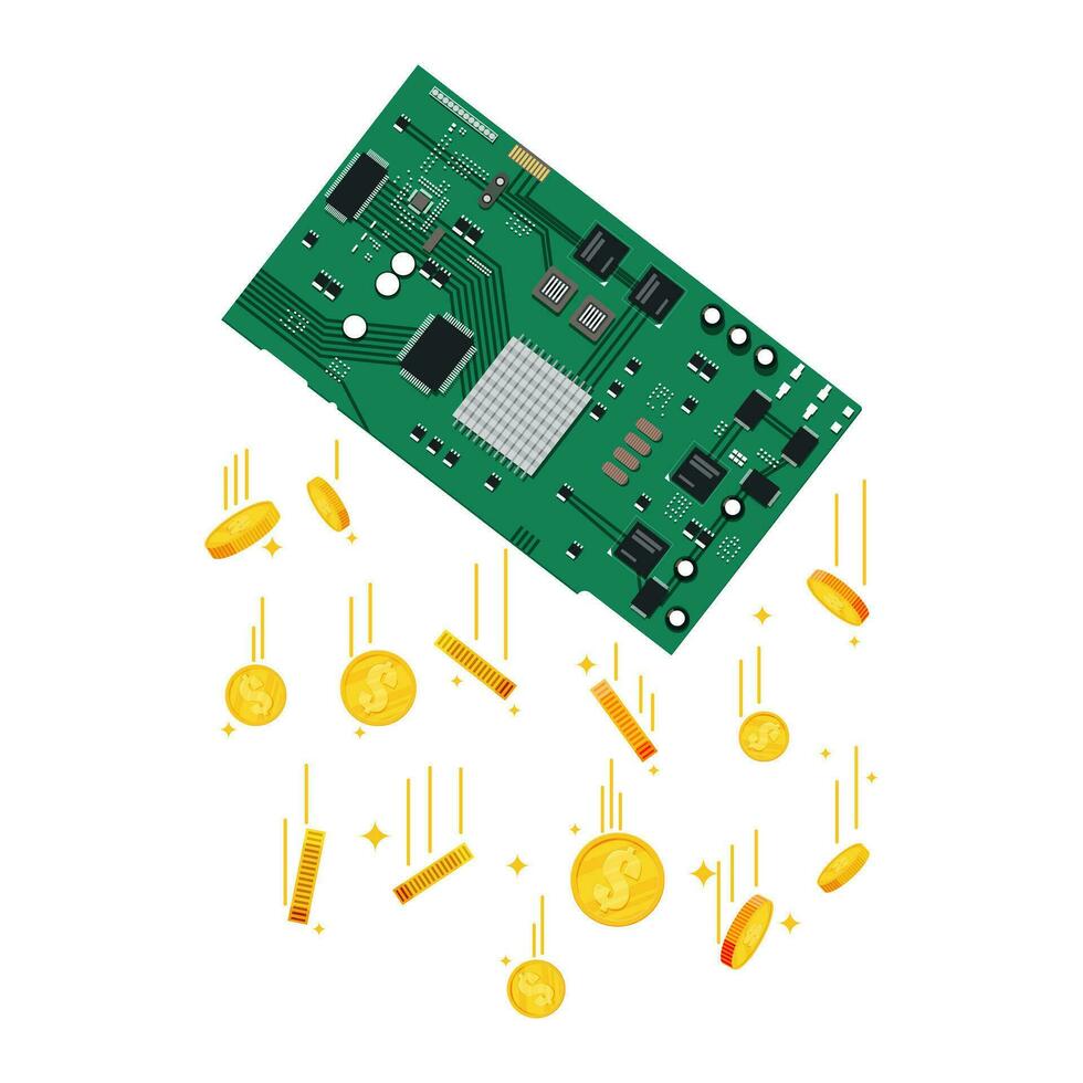 enorme computadora tarjeta de circuito impreso chip y dorado dólar monedas minería criptomoneda bitcoin dinero y finanzas. digital divisa. virtual dinero, criptomoneda y digital pago sistema. plano vector ilustración