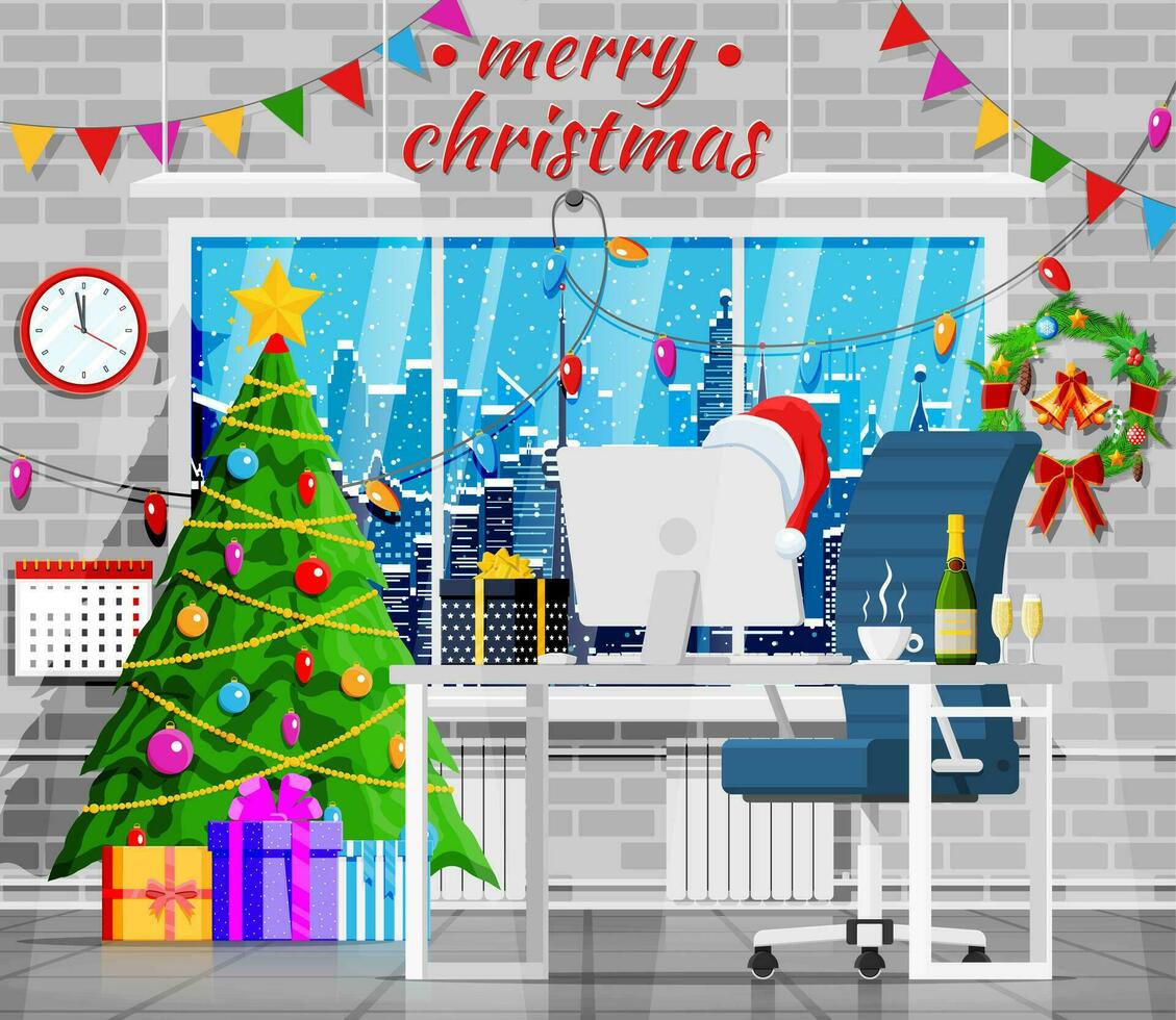 Christmas and New Year Office Desk Workspace Interior. Gift Box, Christmas Tree, PC, Chair, Champagne, Cityscape. New Year Decoration. Merry Christmas Holiday Xmas Celebration. Vector illustration