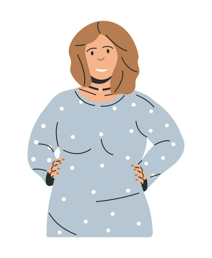 Curvy Women Plus Size Model Isolated. Body Positive Beautiful Girl in Green Blue. Plump Female Character. Trendy Overweight Lady in Stylish Outfit. Cartoon Flat Vector Illustration
