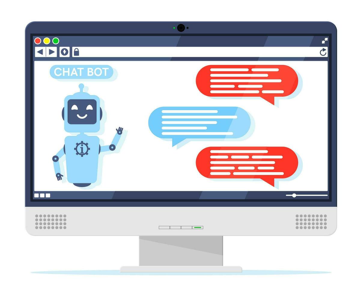 computadora con charla larva del moscardón hablar en burbuja en pantalla. robot con habla ventana. chatbot saluda. en línea apoyo bot. artificial inteligencia, ai ayudante servicio, apoyo asistente. plano vector ilustración