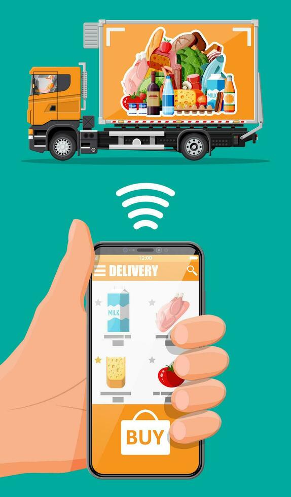 Delivery truck full of food and smartphone. Concept of fast grocery delivery service. Supermarket cafe restaurant. Groceries products, bread, meat milk fruit vegetable drinks. Flat vector illustration