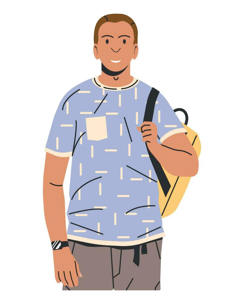 White Skinned Man in T-Shirt with Print, Cargo Pants. Young Man in Trendy Street Clothes. Male Character in Stylish Casual Look. Fashionable Guy with Backpack. Flat Vector Illustration
